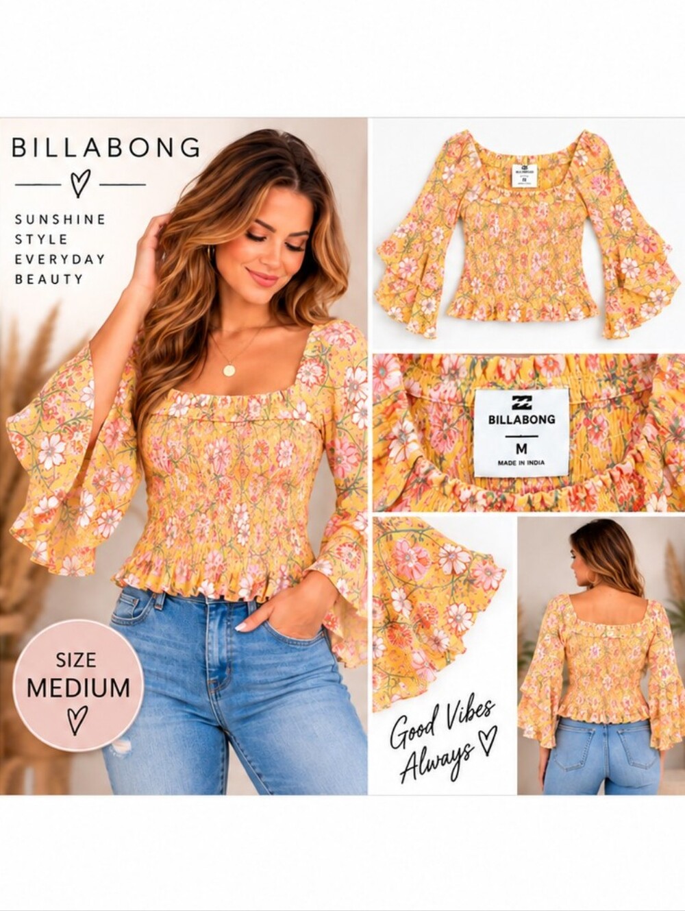 NWT Billabong Floral Smocked Crop Top M Bell Sleeve Yellow Pink Boho